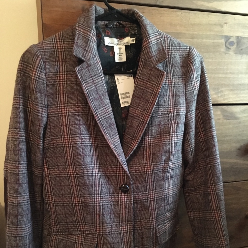 H&M plaid blazer with elbow patches, new